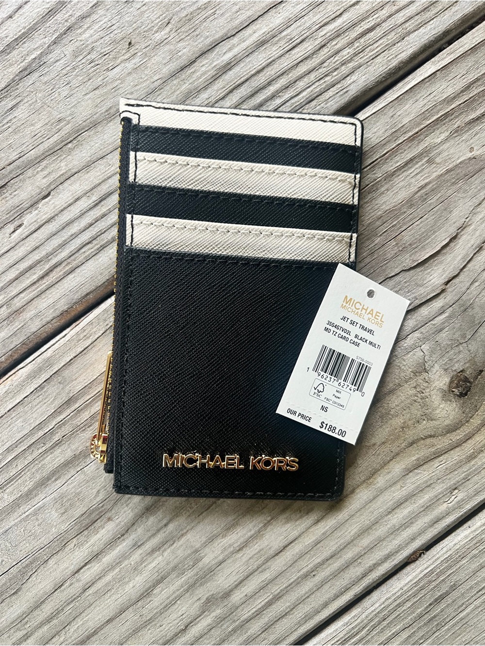 NWT Michael Kors Black & Cream Stripe Card Holder/Coin Pouch with Gold Logo